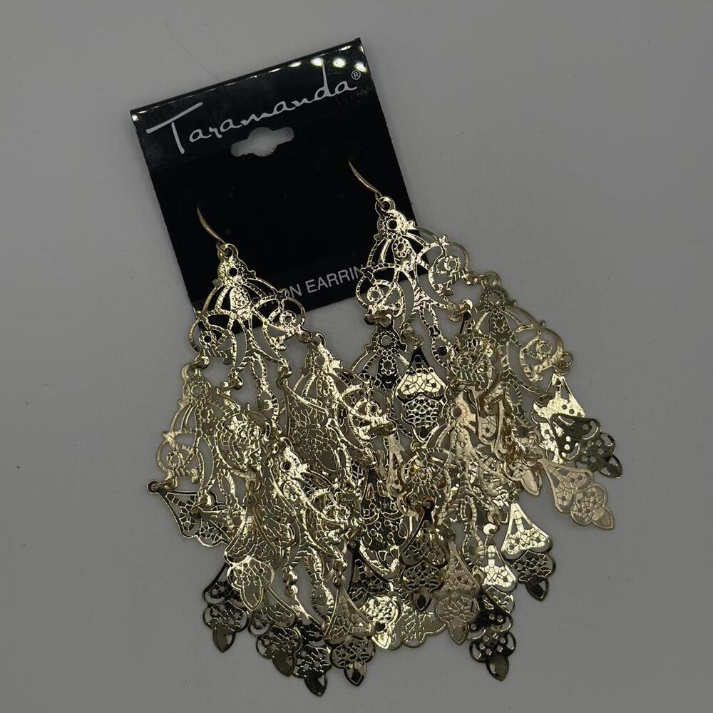Taramanda Gold Filigree Statement Chandelier Earrings – Boho Festival Dangle NWT